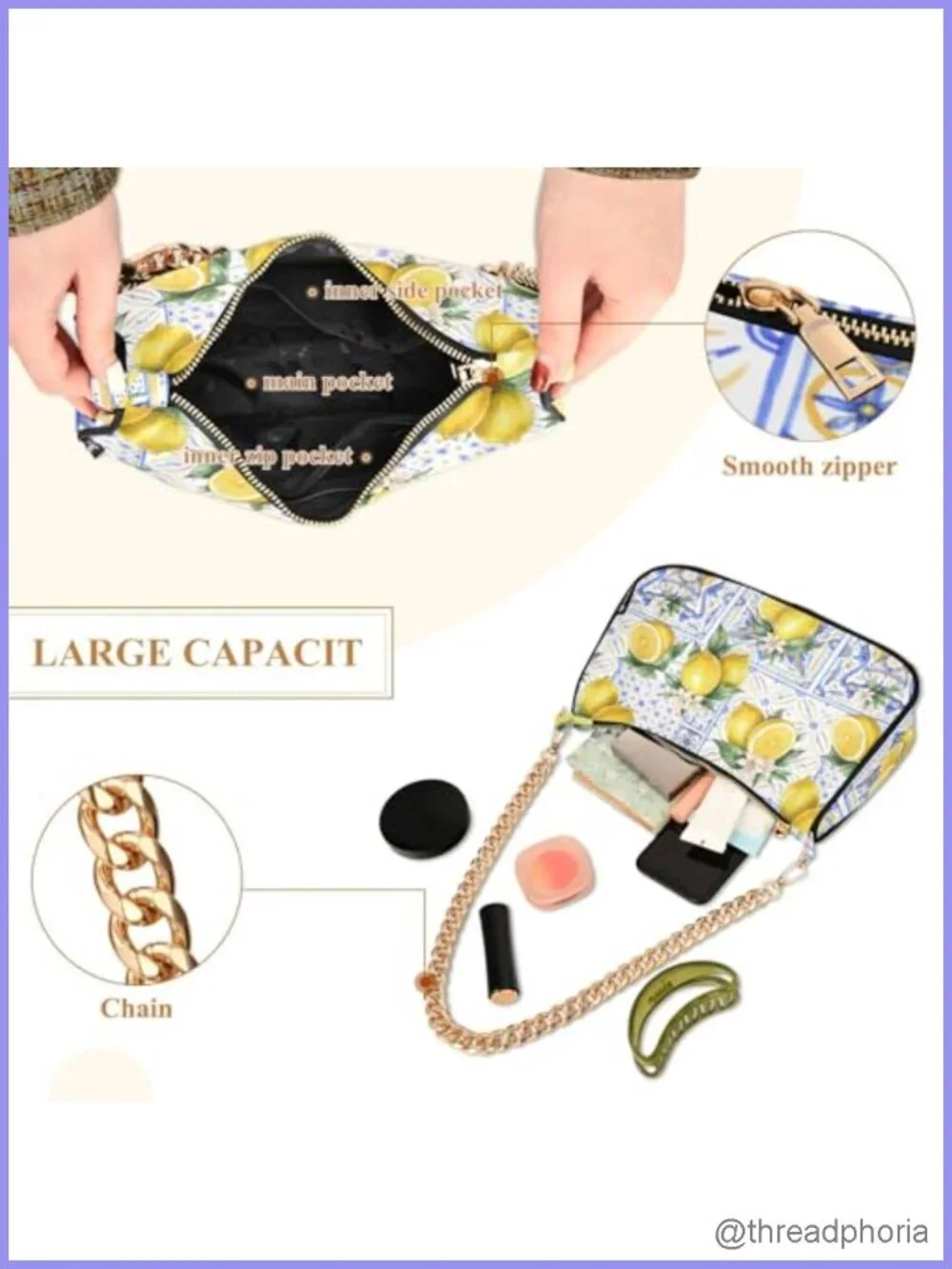 Womens Hobo Shoulder Bag Vintage Print Tote Handbag with Zipper Closure Gold